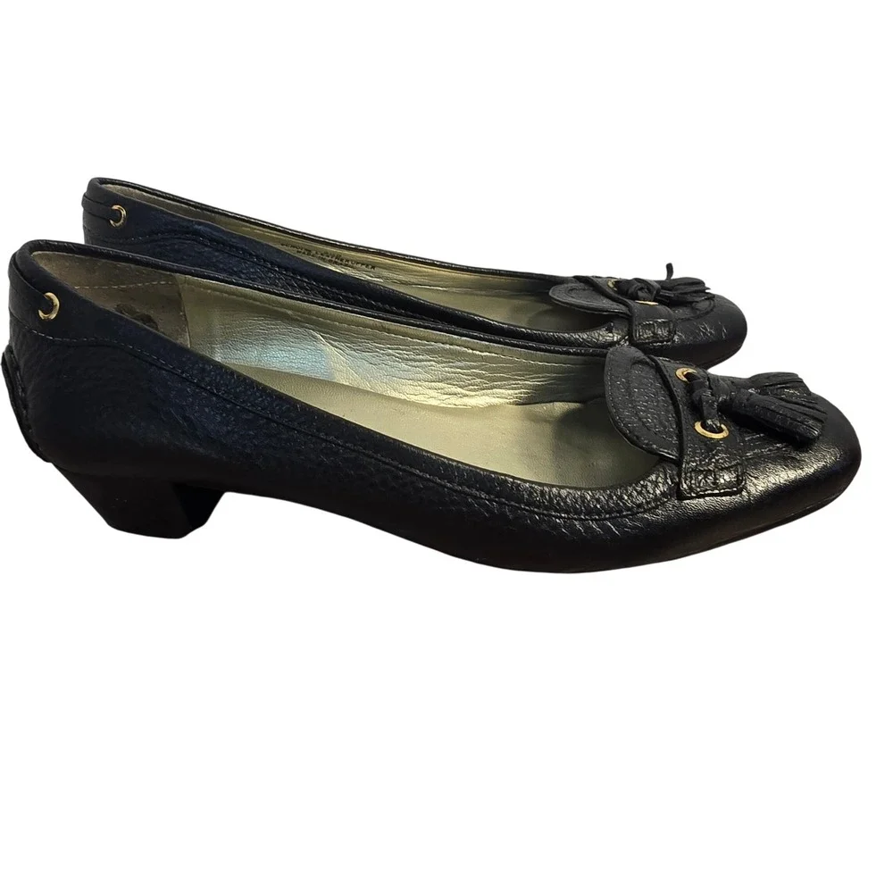 Talbots Black‎ Pebbled Leather Tassel Loafer Pumps Low Block Heel Gold Hardware